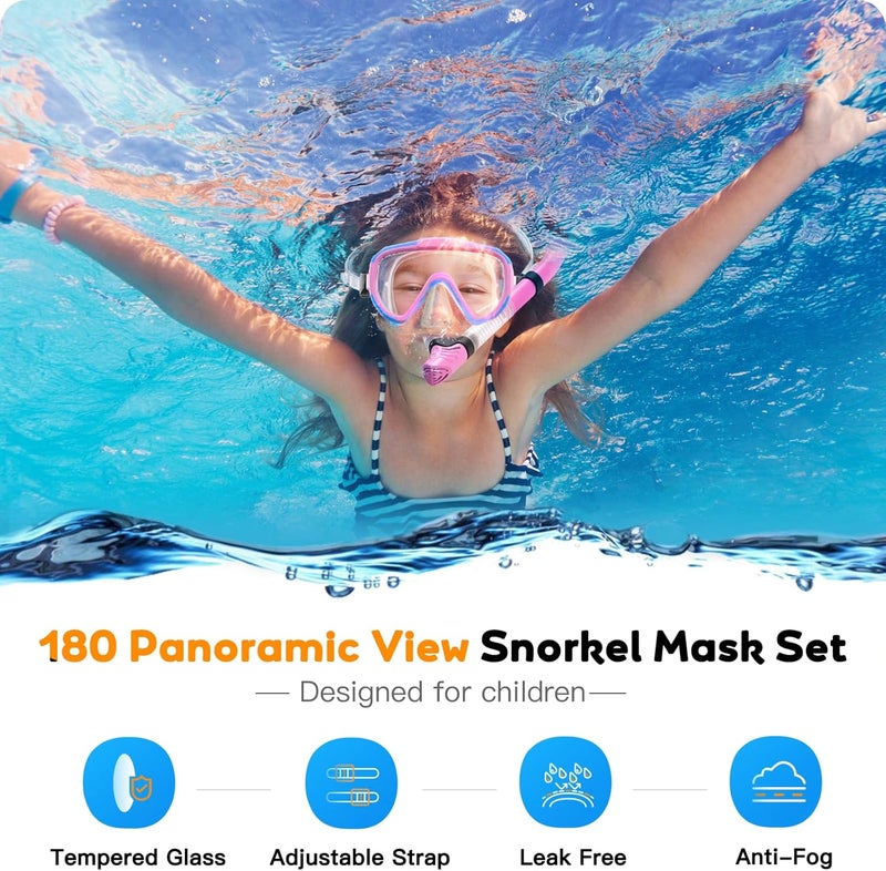 Seovediary Kids Snorkel Set, Anti-Fog Panoramic Tempered Glass Kids Snorkel mask, Anti-Leak Scuba Diving Mask with Mesh Bag, Dry Top Snorkeling Gear for Kids and Youth Age 4-16 - Image 2